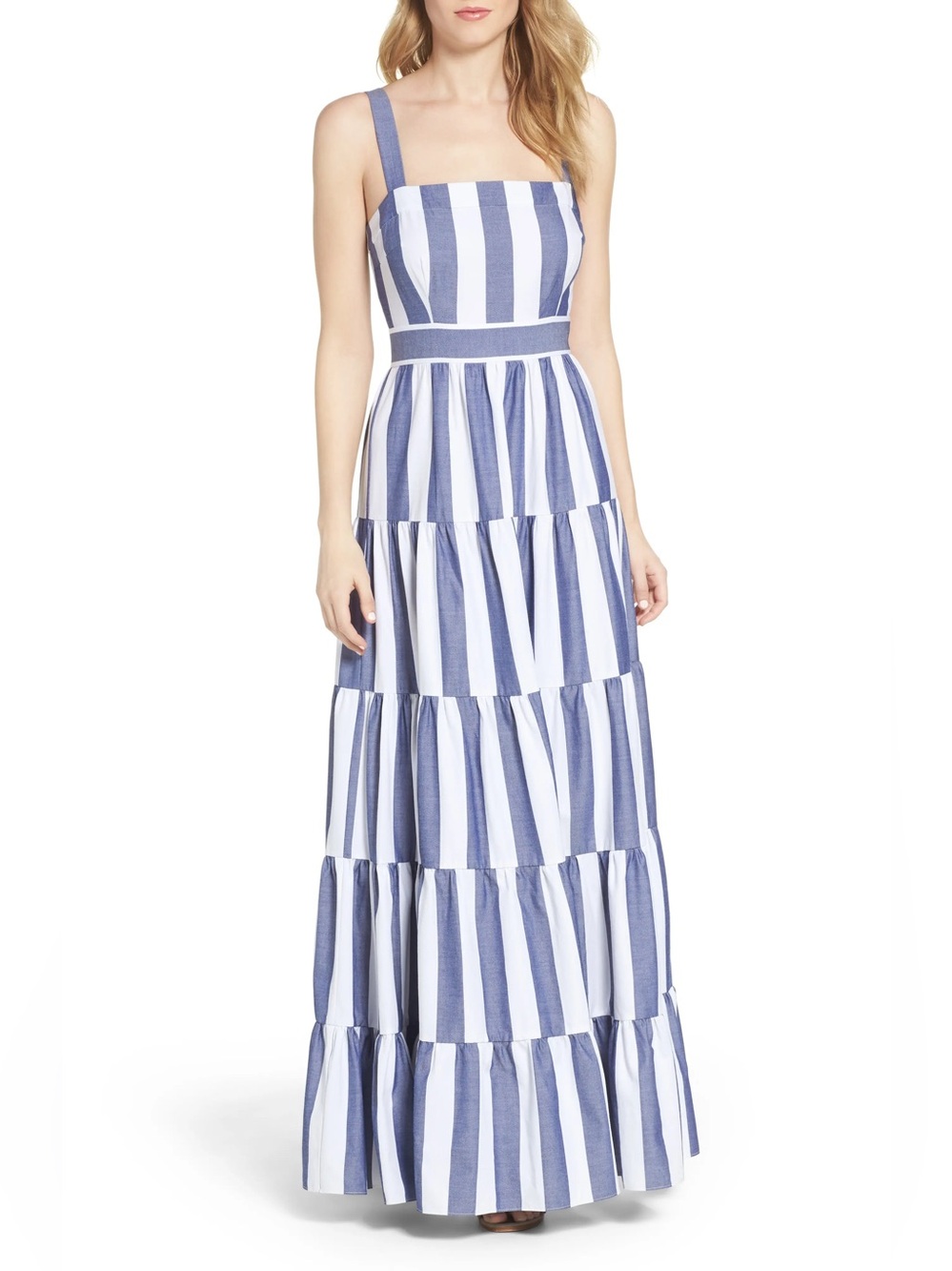 Eliza J Navy and White Striped Tiered Maxi Dress-Skirt